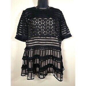 Lela Rose Blouse Size 16 Black Fringe Peplum Lace Top Designer Classigoth NWT